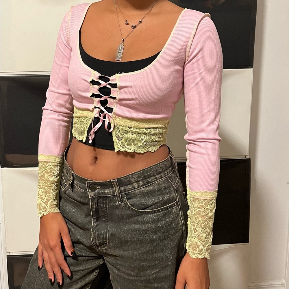 Urban Outfitters Pink Crop Top with Yellow Lace